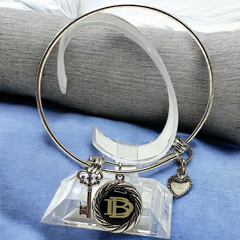 Letter B, Key, & Heart Charm Silver-Tone 3 5/8" Length Bangle Bracelet!